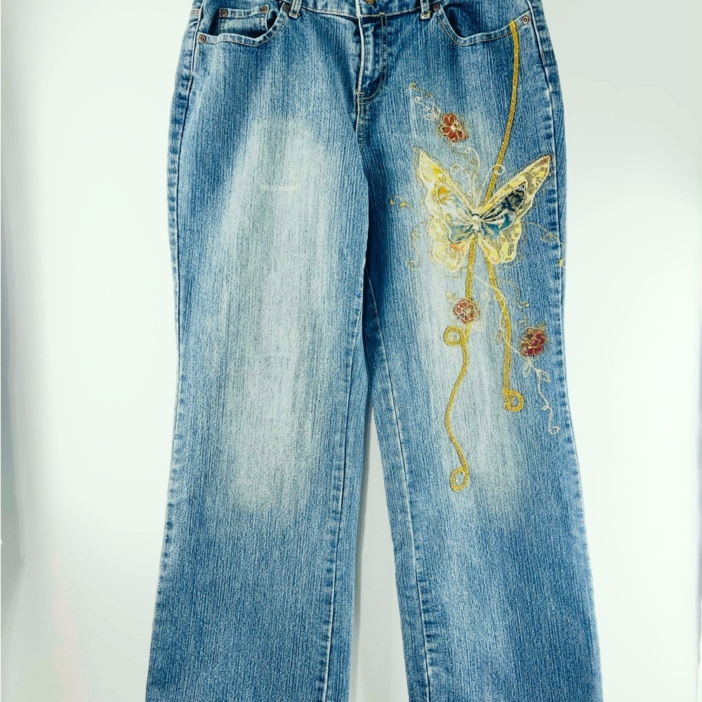 Size 16 Unique Butterfly Embroidery Venezia Blue Boot Cut Jeans Fairy De…